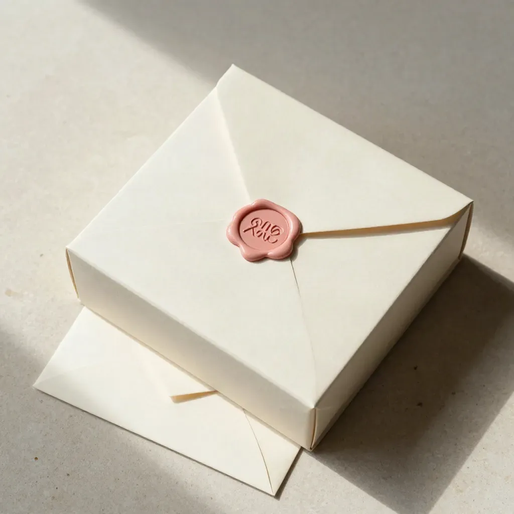 Overhead gift box flatlay with tissue, wax seal, and envelope on pale stone.