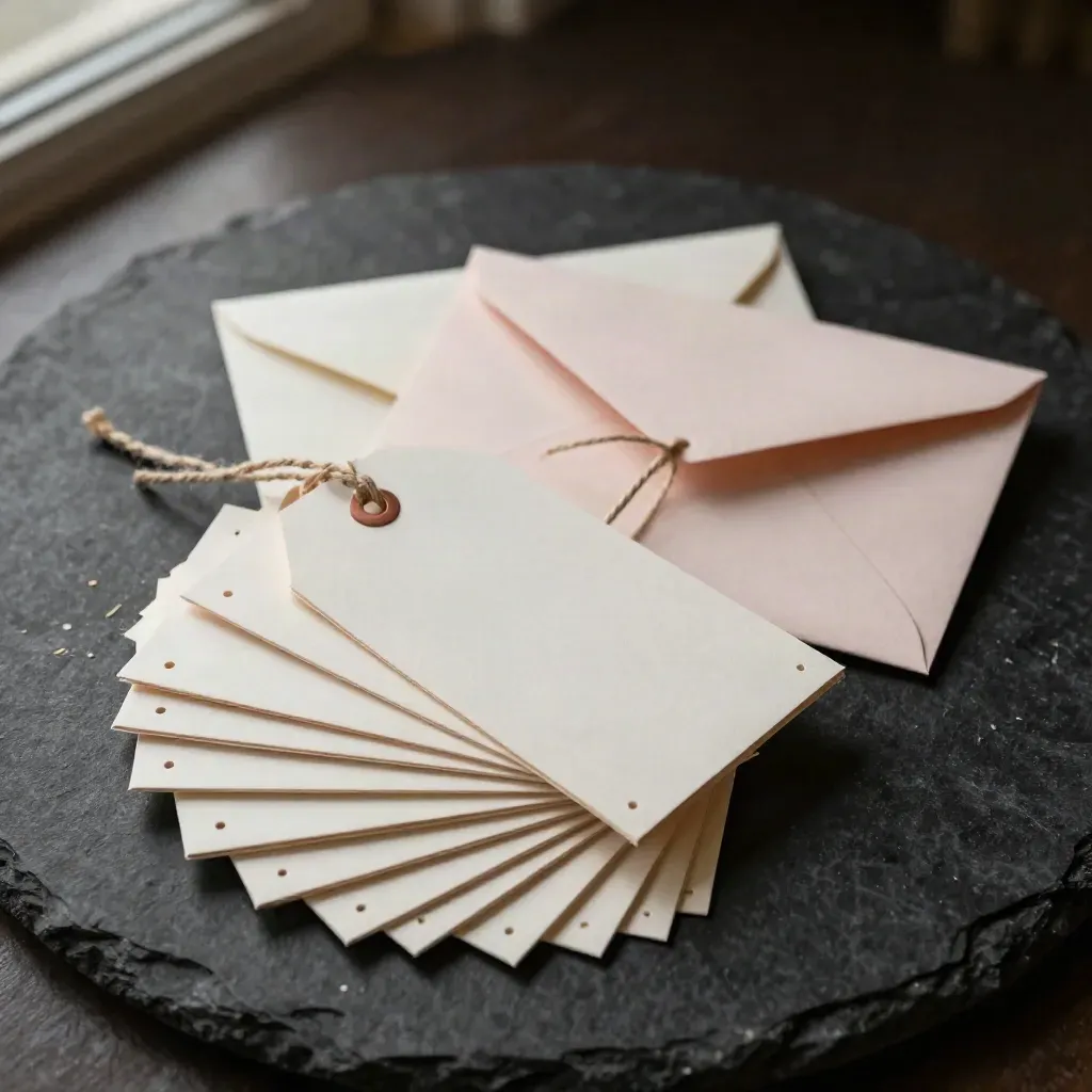 Fanned bridal shower tags tied with twine beside an envelope on a dark studio slab.