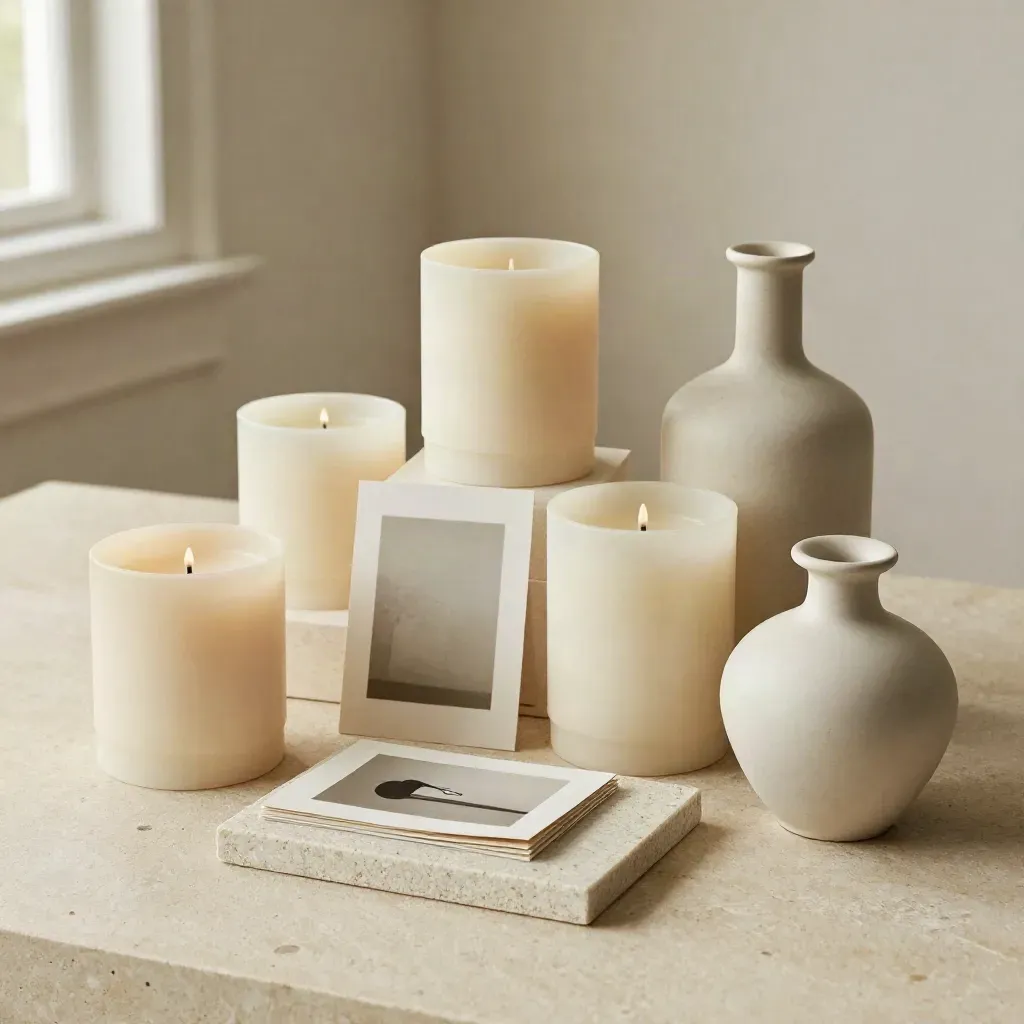 Overhead seasonal home set with candle, print, card, tray and vase on limestone.